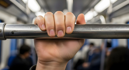 A tight, close-up shot of a person's hand firmly gripping a scratched metal pole for balance inside a moving train or subway car. The blurred background of the carriage and other passengers illustrates the daily commute and urban city life.の素材