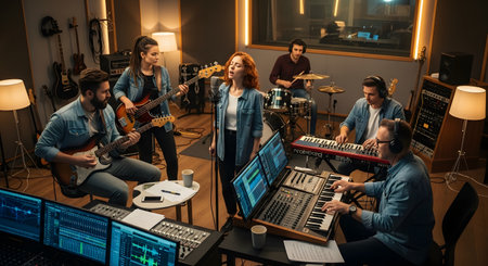 A music band is passionately recording a song in a professional recording studio. The female lead singer is at the microphone, surrounded by a guitarist, bassist, drummer, and two keyboard players, all focused on their performance. The scene is filled with musical instruments and high-tech recording equipment.の素材