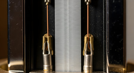 An extreme macro photograph reveals the intricate internal structure of a high-fidelity electrostatic or ribbon tweeter. The image details the ultra-thin diaphragm suspended between two stators, showcasing the precision engineering behind high-end audio technology.の素材