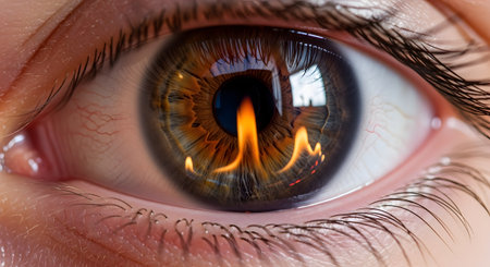 An extreme macro close-up of a human eye with a detailed hazel and brown iris. A bright, flickering flame is sharply reflected in the center of the pupil and across the cornea, symbolizing passion, desire, intensity, or a burning idea.の素材