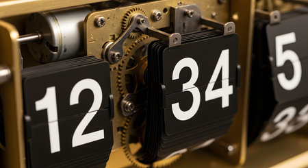 A detailed close-up of the inner mechanism of a vintage flip clock, showing the intricate brass gears and the black numbered flaps turning. The clock is displaying the time 12:34. This image represents the passage of time, retro technology, mechanics, and nostalgia.の素材