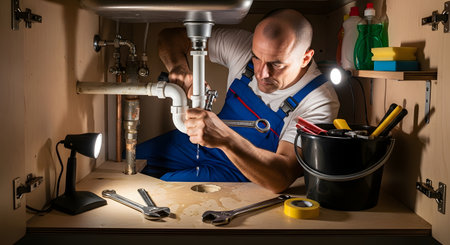 A focused professional plumber wearing blue overalls lies inside a cabinet to repair a leaking pipe under a kitchen sink. Surrounded by wrenches and other tools, he diligently works to fix the plumbing issue, representing skilled home maintenance and repair services.の素材