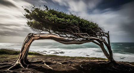 A dramatic long-exposure photograph of a unique, windswept tree that has grown into an arch shape on a coastal cliff. The blurred ocean waves and streaking clouds emphasize the constant force of the wind, symbolizing resilience, strength, and the power of nature.の素材