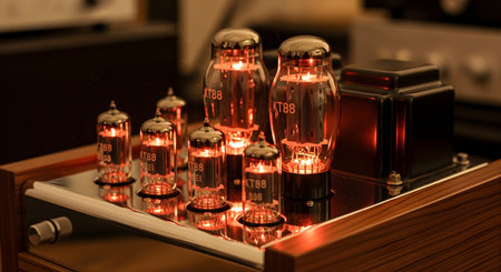 A close-up shot of a high-end tube amplifier, with its vacuum tubes glowing with a warm, orange light. The combination of wood, chrome, and glass gives the audiophile equipment a luxurious and vintage feel. The image represents high-fidelity audio, retro technology, and quality sound reproduction.の素材