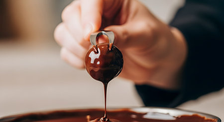 A close-up shot of a chocolatier's hand using a dipping tool to coat a round confection in glossy, melted dark chocolate. A drip of chocolate elegantly falls back into the bowl, showcasing the art of handmade, gourmet candy making.の素材