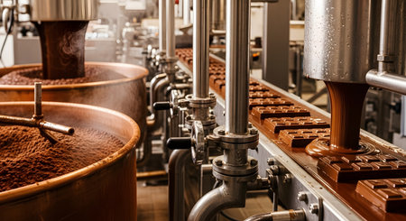 A view inside a bustling chocolate factory, showing the industrial production line. Liquid melted chocolate is poured from a machine onto a conveyor belt of freshly molded chocolate bars, while large copper vats in the background hold rich cocoa powder. The image captures the process of large-scale confectionery manufacturing.の素材