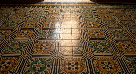 Sunlight streams onto a beautifully ornate tiled floor, illuminating its intricate, repeating geometric pattern in yellow, green, and blue. The vintage aesthetic suggests the interior of a historic European villa, palace, or church.の素材