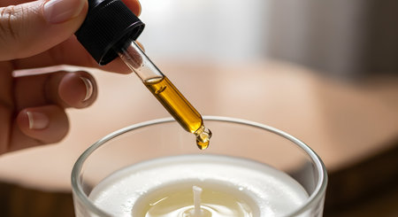 A close-up of a hand holding a glass dropper and adding a single drop of golden essential oil into the melted wax of a white candle. This image represents aromatherapy, candle making, relaxation, and the creation of scented wellness products.の素材