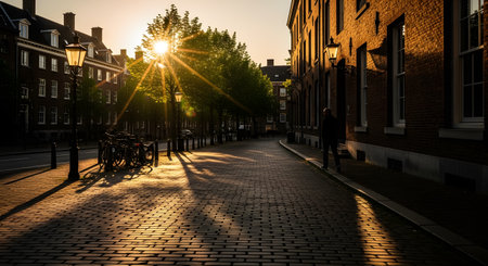 The golden light of a sunrise or sunset streams down a charming cobblestone street in an old European city. The low sun creates long shadows from the trees and buildings, and a beautiful starburst effect. Bicycles are parked along the quiet street, creating a peaceful and picturesque urban scene.の素材
