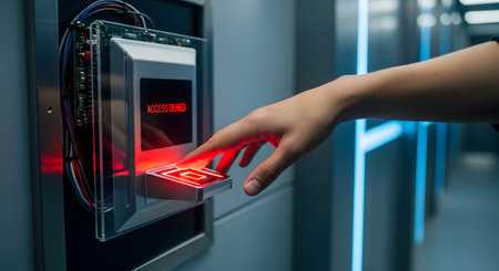 A close-up of a person's finger being rejected by a high-tech biometric fingerprint scanner, which glows with a red light. The screen clearly displays an 'ACCESS DENIED' message, illustrating concepts of security failure, restricted areas, and failed authentication.の素材