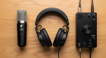 A flat lay, top-down view of a home recording studio setup on a wooden table. The equipment includes a black condenser microphone, over-ear headphones, and an audio interface, representing podcasting, music production, or voice-over work.の素材