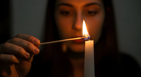 A woman's face is softly illuminated as she uses a lit match to light the wick of a single white candle in a dark room. The focus is on the flame and hands, creating an intimate and warm atmosphere. This image represents hope, remembrance, spirituality, or a quiet moment.の素材
