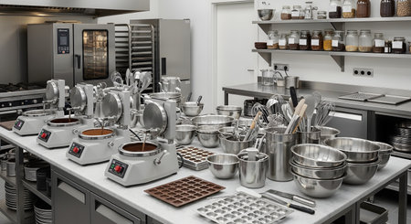 A wide shot of a pristine, professional confectionery or chocolate-making kitchen equipped with stainless steel counters and appliances. Several chocolate tempering machines are lined up, along with various molds, mixing bowls, and whisks, ready for production.の素材