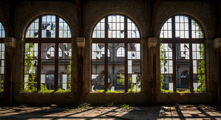 The interior of a derelict factory hall is illuminated by sunlight streaming through three large, arched windows with many broken panes of glass. Nature begins to reclaim the abandoned industrial space, with vines and weeds growing on the sills and floor.の素材