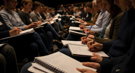 A focused audience of professionals or students sitting in a dimly lit lecture hall, actively taking notes in spiral notebooks. The shot focuses on the hands writing, representing learning, education, training, seminars, and professional development.の素材