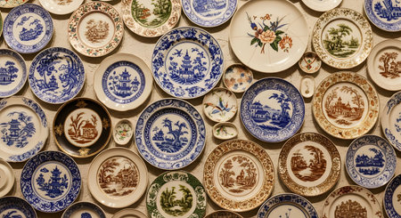 An overhead view of a diverse collection of antique decorative plates covering a wall. The porcelain plates vary in size and feature a range of intricate patterns, including blue willow, floral motifs, and landscape scenes. This creates a rich, textured background representing history, collectibles, and traditional craftsmanship.の素材