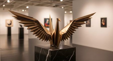 A stunning golden origami crane sculpture is displayed on a black marble pedestal in a contemporary art gallery. The metallic finish of the bird contrasts with the elegant marble, while the softly lit, blurred background shows other exhibits and artworks.の素材