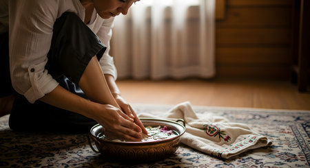 A woman kneels on an intricately patterned carpet, gently washing her hands in an ornate brass bowl filled with clear water and floating flower petals. The scene evokes a sense of tranquility, ritual, and self-care in a cozy, traditionally decorated room.の素材