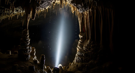 A strong beam of light from a flashlight illuminates a dark, majestic cave, creating a dramatic focal point. The light ray cuts through the darkness, highlighting intricate stalactites dripping from the ceiling and dust particles floating in the air. This image evokes a sense of adventure, exploration, and discovery in an underground world.の素材