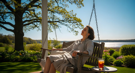 A woman peacefully relaxes on a wooden porch swing in a tranquil garden setting with a view of a lake. She has her eyes closed, soaking up the warm sun, embodying concepts of serenity, wellness, and enjoying a slow-paced lifestyle. A glass of iced tea sits beside her.の素材