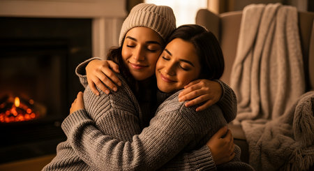Two young women share a warm, affectionate hug in a cozy, hygge-style living room. They are wearing comfortable knit sweaters, and a fireplace glows softly in the background, evoking feelings of comfort, friendship, love, and warmth.の素材