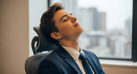 A handsome young businessman in a suit leans back and relaxes in his ergonomic office chair with his eyes closed. He has a satisfied and calm expression, taking a break with a cityscape visible through the window behind him.の素材