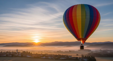 A vibrant, multi-colored hot air balloon peacefully floats over a picturesque landscape at sunrise. The morning sun casts a golden glow over a small village and a valley filled with mist, creating a serene and breathtaking scene of adventure and travel.の素材