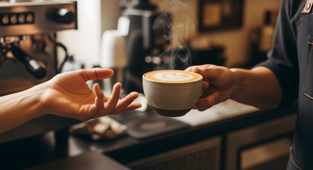 A close-up shot of a barista handing a cup of freshly made coffee with latte art to a customer. The exchange happens over a coffee shop counter, symbolizing service, connection, and the enjoyment of a warm beverage.の素材
