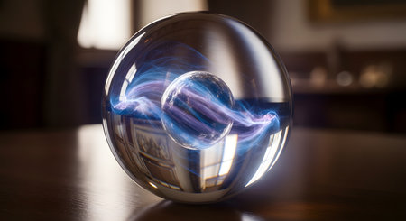 A clear crystal ball rests on a dark wooden table, reflecting the surrounding room. Trapped within the sphere is a mesmerizing display of swirling blue and purple cosmic energy, centered around a smaller inner orb, suggesting themes of magic, prophecy, or advanced technology.の素材