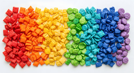 A vibrant top-down flat lay of colorful breakfast cereal meticulously arranged in a rainbow gradient on a clean white background. The pattern flows smoothly from red to purple, creating a cheerful, organized, and playful image related to food and breakfast.の素材