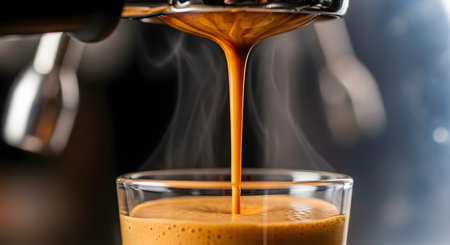 A rich, golden-brown stream of espresso pours from the portafilter of a coffee machine into a clear glass cup. The close-up shot captures the thick crema and rising steam, highlighting the process of brewing fresh, aromatic coffee.の素材