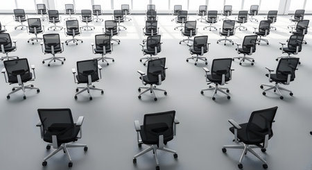 A high-angle view shows dozens of empty black mesh office chairs neatly arranged in rows within a large, grey, minimalist space. The repetitive pattern and vacancy evoke concepts of corporate meetings, seminars, unemployment, or a deserted office environment.の素材