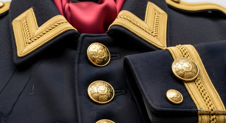 A close-up detail of a vintage or ceremonial military uniform jacket made of dark wool. The focus is on the ornate gold buttons, intricate gold braid on the cuffs and collar, and a glimpse of a red cravat, signifying rank, honor, and history.の素材