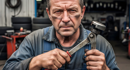 A powerful, gritty portrait of an experienced male auto mechanic with grease smudges on his face, looking directly and intensely into the camera. Dressed in blue overalls, he holds a large tool, embodying the spirit of hard, manual labor in his garage environment.の素材