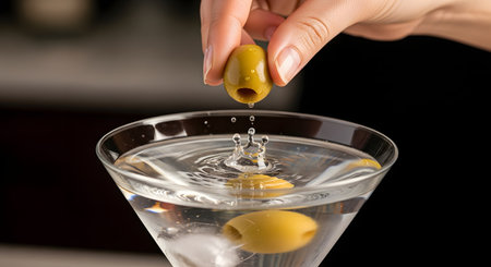 A dynamic action shot of a hand dropping a green olive into a classic martini cocktail, creating a perfect splash on the surface. The scene captures a moment of preparing a sophisticated alcoholic beverage in a bar setting.の素材