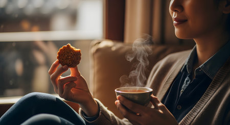 A woman relaxes in a cozy, sunlit room, enjoying a peaceful moment with a traditional mooncake and a steaming cup of hot tea. This serene scene captures the essence of the Mid-Autumn Festival, a time for family, gratitude, and quiet enjoyment.の素材