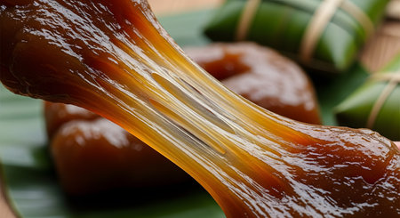 A close-up action shot of a traditional Asian sweet, like Dodol or Nian Gao, being stretched to reveal its sticky, gooey, and elastic texture. The rich, brown, translucent confection is shown against a background of the same sweet wrapped in banana leaves.の素材