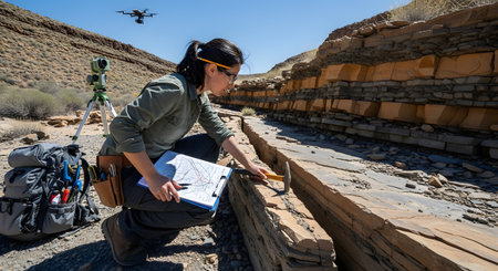 A female geologist conducts fieldwork in a rugged, arid landscape, kneeling to examine sedimentary rock layers with a hammer and clipboard. She utilizes modern technology, including a survey instrument on a tripod and a drone flying overhead, to aid her research. This image represents geology, scientific exploration, and women in STEM.の素材