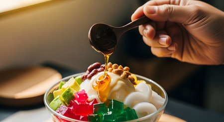 A hand drizzles golden syrup from a wooden spoon over a vibrant bowl of Asian shaved ice dessert, possibly Indonesian Es Campur. The colorful dessert is filled with various toppings like red beans, peanuts, nata de coco, and bright jellies.の素材
