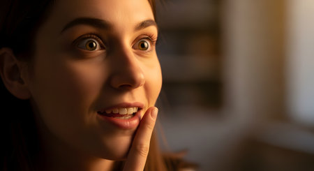 A close-up portrait of a young woman with a look of genuine surprise and excitement on her face. Her eyes are wide with wonder and her mouth is slightly open in awe, creating a powerful emotional reaction shot. The warm, soft lighting enhances the positive and captivating mood.の素材
