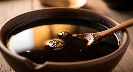 A macro shot of thick, dark palm sugar syrup, known as 'gula aren', in a rustic brown bowl with a wooden spoon. The glossy, reflective surface and rich color highlight this natural sweetener, a key ingredient in Southeast Asian cuisine.の素材