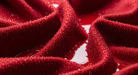 A macro shot of water droplets beading on the surface of a rich, red, folded fabric. The droplets highlight the texture and potentially waterproof quality of the material, creating a luxurious and sensuous abstract image.の素材