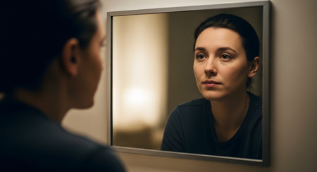 A woman with a serious and pensive expression gazes at her own reflection in a bathroom mirror. This introspective moment suggests self-reflection, contemplation, identity, and mental health awareness.の素材