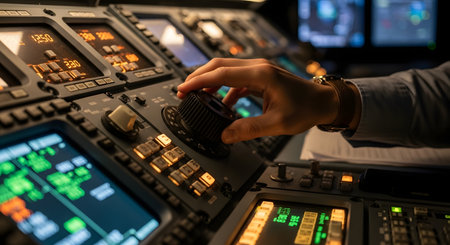 A close-up shot of a pilot's hand adjusting a dial on a complex, illuminated control panel in an aircraft cockpit or flight simulator. The image represents aviation, technology, precision, and control.の素材