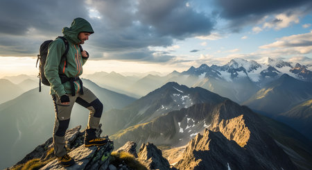 A male hiker wearing a backpack and technical gear stands triumphantly on a rocky mountain summit at sunrise. He looks out over a breathtaking panoramic view of sharp, snow-capped peaks and sunlit valleys, embodying adventure, achievement, and exploration.の素材