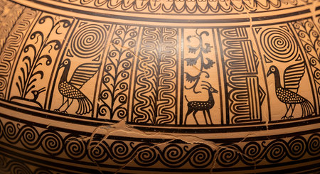 A close-up detail of an ancient Greek pottery vase, possibly from the Geometric or Archaic period. The artwork features stylized birds, a deer, and intricate geometric patterns like spirals and zigzags, showcasing ancient history and art.の素材