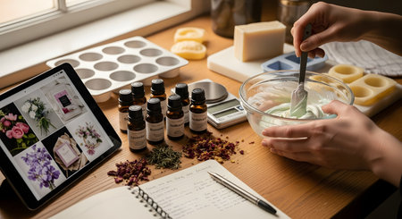 A person is mixing ingredients in a bowl to make handmade soap, surrounded by essential oil bottles, dried herbs, a digital scale, and soap molds. A tablet and notebook suggest following a recipe, depicting a creative hobby or small business.の素材