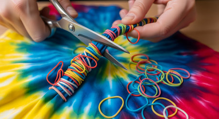 A close-up of a person's hands using scissors to carefully cut a bundle of colorful rubber bands off a freshly tie-dyed shirt. The vibrant fabric in the background showcases the classic spiral pattern, capturing a key moment in the DIY tie-dye crafting process.の素材