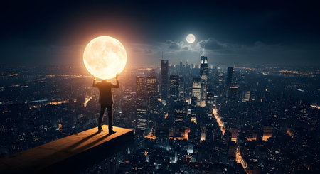 In a surreal and powerful conceptual image, a businessman stands on a high ledge above a sprawling city at night and holds up a giant, glowing full moon. This image symbolizes ambition, power, achieving the impossible, creativity, and control. The cityscape glitters below under a starry sky.の素材