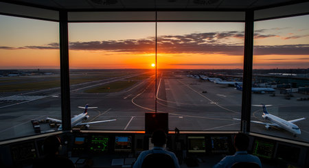 From inside an air traffic control tower, three controllers are silhouetted against a magnificent sunset as they oversee the airport operations. The panoramic window reveals sprawling runways and airplanes on the tarmac, bathed in the warm, golden light of dusk.の素材